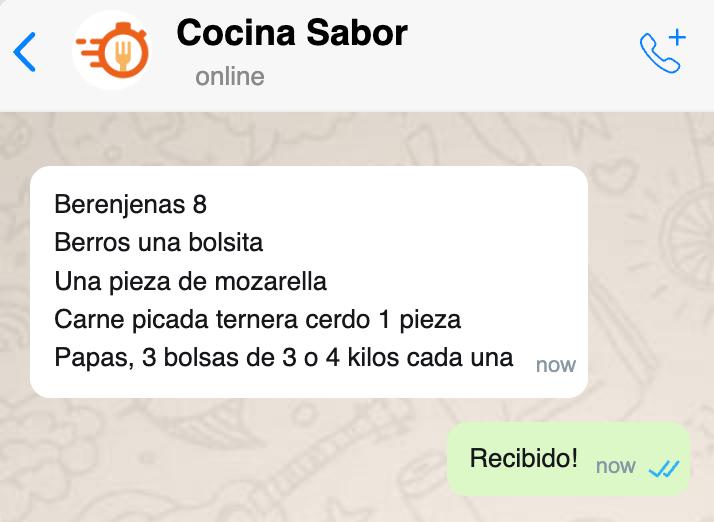 Captura de pantalla de un WhatsApp recibido por mí de mi padre pidiéndome ingredientes